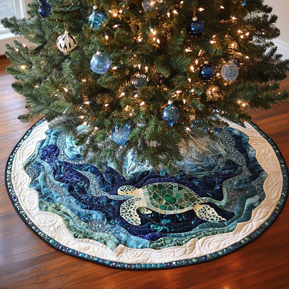 Coastal Cove Sea Turtle Tree Skirt — Handmade Beach Holiday Decor, Plush & Made-To-Order For Ocean Lovers