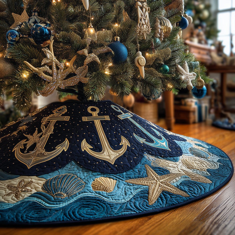 Nautical Anchor Holiday Tree Skirt — Coastal Christmas Decor, Handmade Plush, Made-To-Order For Beach Homes