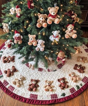 Teddy Bear Cottage Christmas Tree Skirt — Handmade Plush Burlap Accent, Made-To-Order Holiday Centerpiece