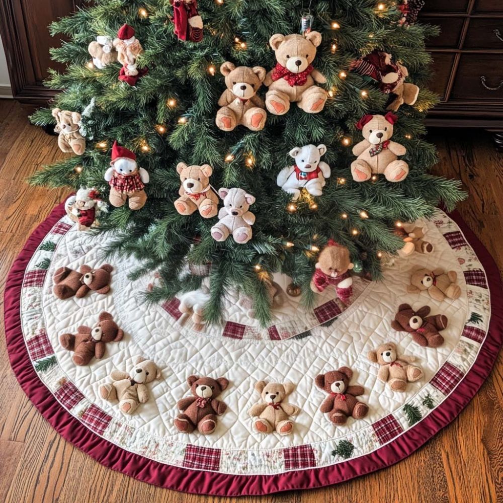 Teddy Bear Cottage Christmas Tree Skirt — Handmade Plush Burlap Accent, Made-To-Order Holiday Centerpiece