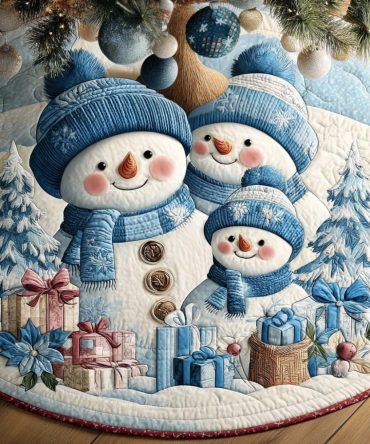 Cozy Blue Snow Family Holiday Tree Skirt — Made-To-Order Winter Blue Christmas Skirt, Soft Fabric Base Cover For Family Homes