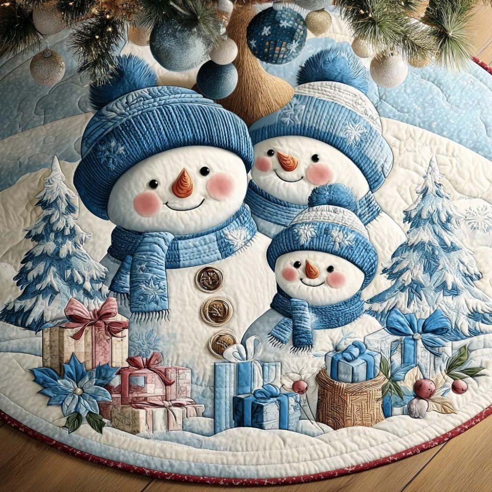 Cozy Blue Snow Family Holiday Tree Skirt — Made-To-Order Winter Blue Christmas Skirt, Soft Fabric Base Cover For Family Homes