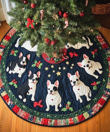 Custom Cozy Boston Terrier Holiday Tree Skirt – Plush Personalized Boston Terrier Christmas Skirt, Handmade Gift For Terrier Lovers