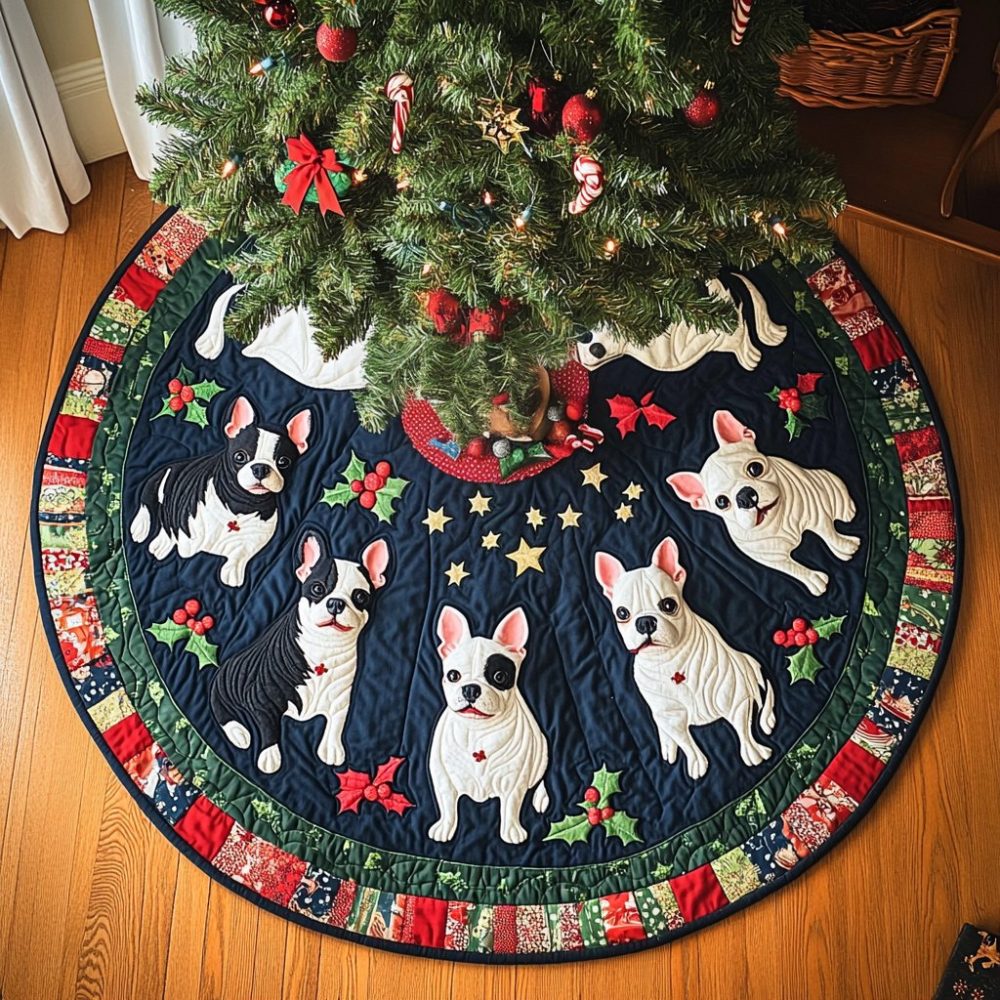 Custom Cozy Boston Terrier Holiday Tree Skirt – Plush Personalized Boston Terrier Christmas Skirt, Handmade Gift For Terrier Lovers