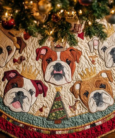 Bulldog Face Quilt Tree Skirt — Cream Background With Playful Bulldog Portraits, Quilted Look, Customizable, Made-To-Order Holiday Decor
