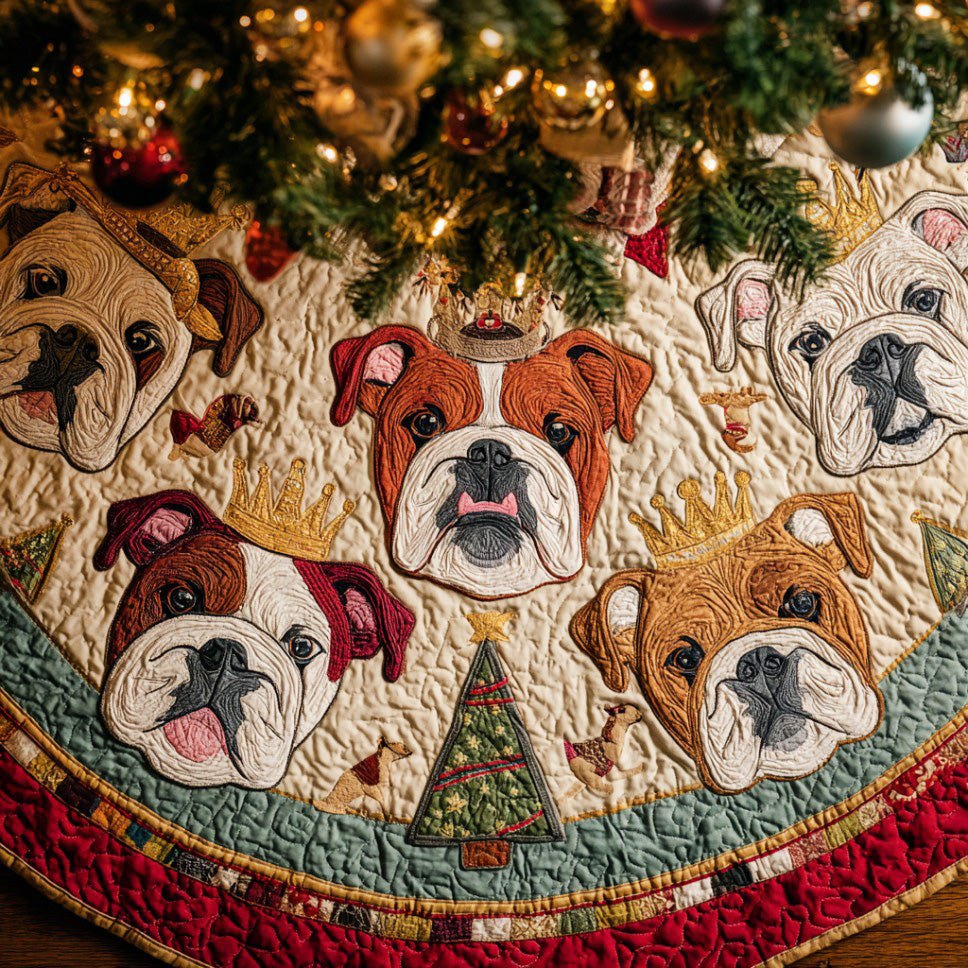Bulldog Face Quilt Tree Skirt — Cream Background With Playful Bulldog Portraits, Quilted Look, Customizable, Made-To-Order Holiday Decor