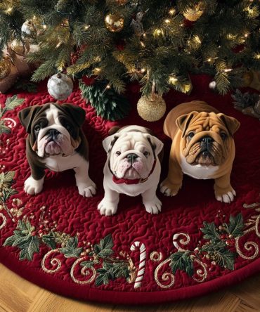 Trio Of Bulldogs Holiday Tree Skirt — Crimson Backdrop With Three Bulldog Illustrations, Custom Fit, Handcrafted, Perfect Gift For Dog Fans