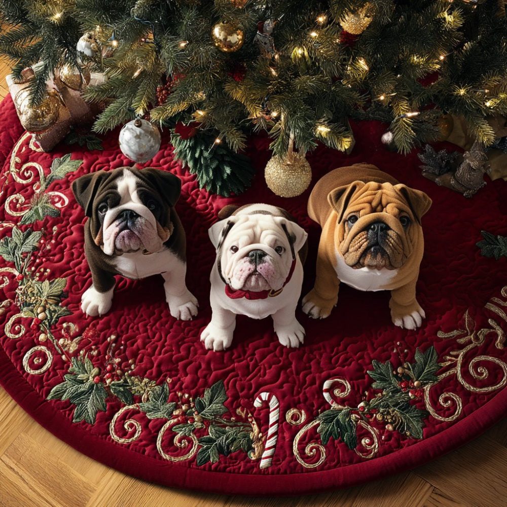 Trio Of Bulldogs Holiday Tree Skirt — Crimson Backdrop With Three Bulldog Illustrations, Custom Fit, Handcrafted, Perfect Gift For Dog Fans