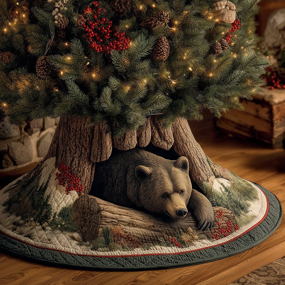 Cozy Cabin Bear Tree Skirt – Rustic Plush Bear Christmas Skirt, Handmade & Customizable With Name, Perfect Cabin Holiday Décor