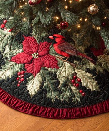Cozy Cardinal Holiday Tree Skirt — Handmade Christmas Tree Skirt In Cardinal Motif, Soft Winter Décor For Mantel & Tree Base