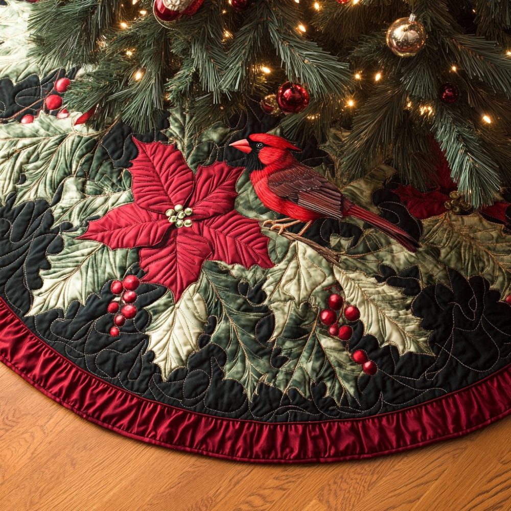 Cozy Cardinal Holiday Tree Skirt — Handmade Christmas Tree Skirt In Cardinal Motif, Soft Winter Décor For Mantel & Tree Base