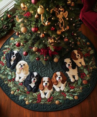 Personalized Cozy Cavalier Tree Skirt – Plush Cavalier King Charles Spaniel Christmas Skirt, Handmade With Custom Name For Dog Lovers