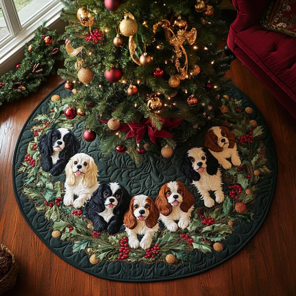 Personalized Cozy Cavalier Tree Skirt – Plush Cavalier King Charles Spaniel Christmas Skirt, Handmade With Custom Name For Dog Lovers