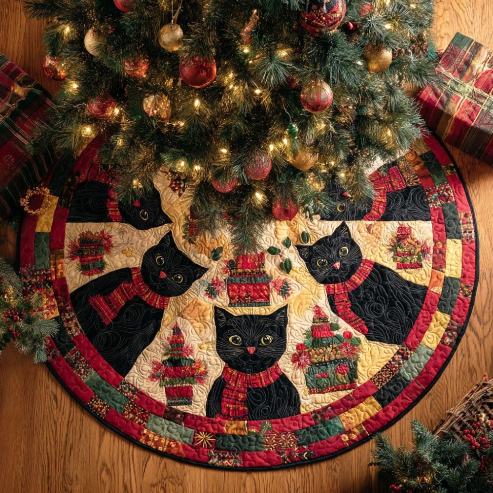 Personalized Cozy Feline Tree Skirt – Plush Handmade Cat Christmas Tree Skirt With Custom Name, Perfect Holiday Gift For Cat Owners