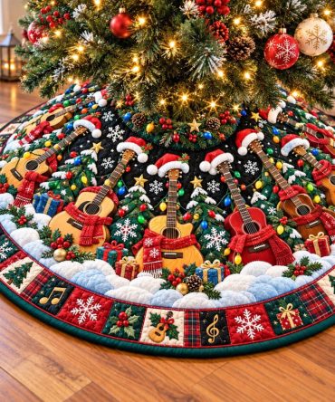 Cozy Christmas Guitar Band Tree Skirt — Handcrafted Musical Holiday Design With Warm Fabrics, Custom Sizes For Music Lovers