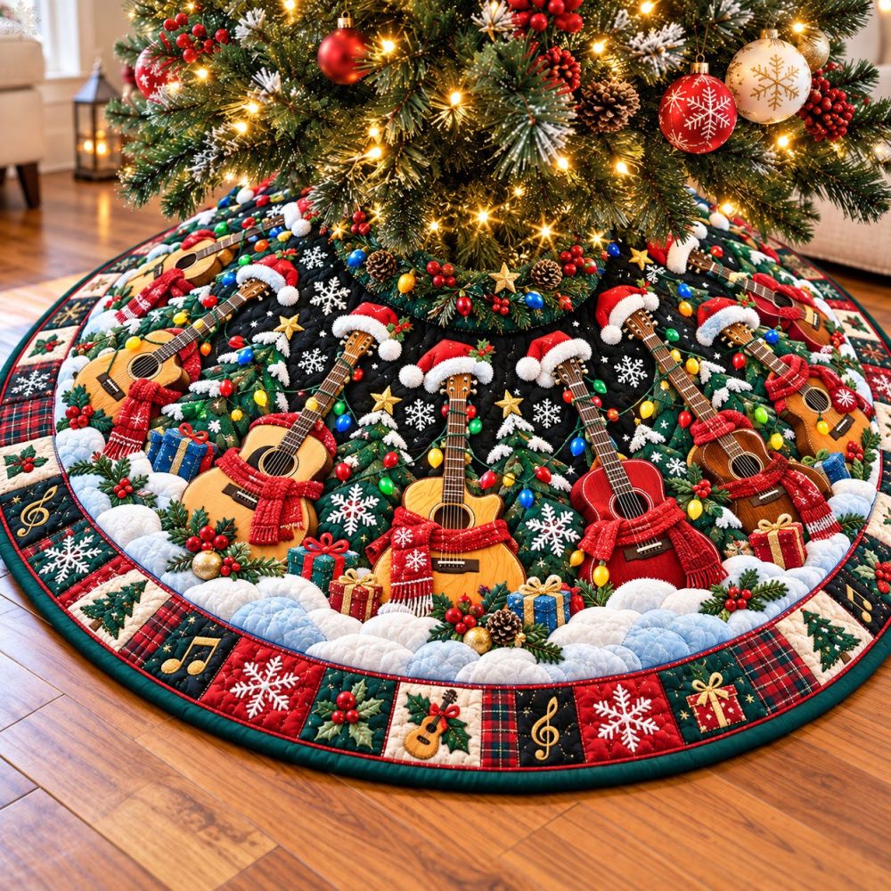 Cozy Christmas Guitar Band Tree Skirt — Handcrafted Musical Holiday Design With Warm Fabrics, Custom Sizes For Music Lovers