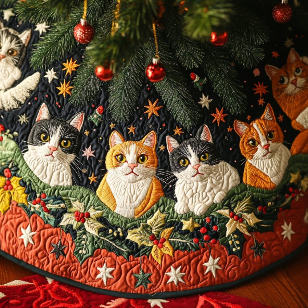 Cozy Kitty Custom Holiday Tree Skirt – Plush Cat Christmas Skirt With Personalization, Handmade Cute Cat-Themed Holiday Décor