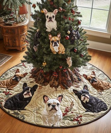 Frenchie Eve Holiday Tree Skirt — Custom French Bulldog Christmas Decor, Plush Fabric & Personalized Name Option