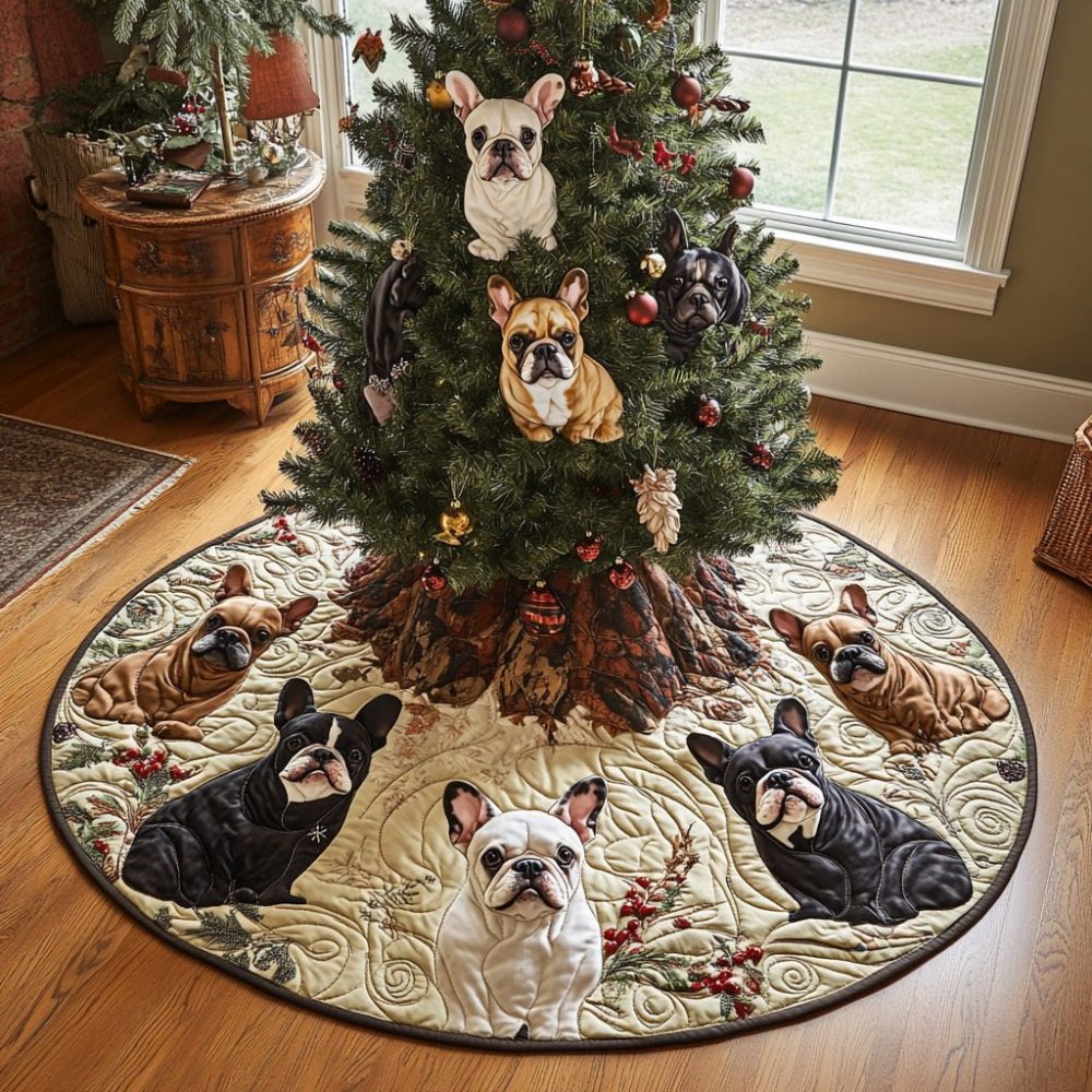 Frenchie Eve Holiday Tree Skirt — Custom French Bulldog Christmas Decor, Plush Fabric & Personalized Name Option