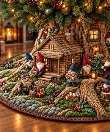 Cozy Gnome Cabin Tree Skirt — Made-To-Order Rustic Gnome Cabin Holiday Skirt, Warm Hygge Style For Living Room & Lodge Decor
