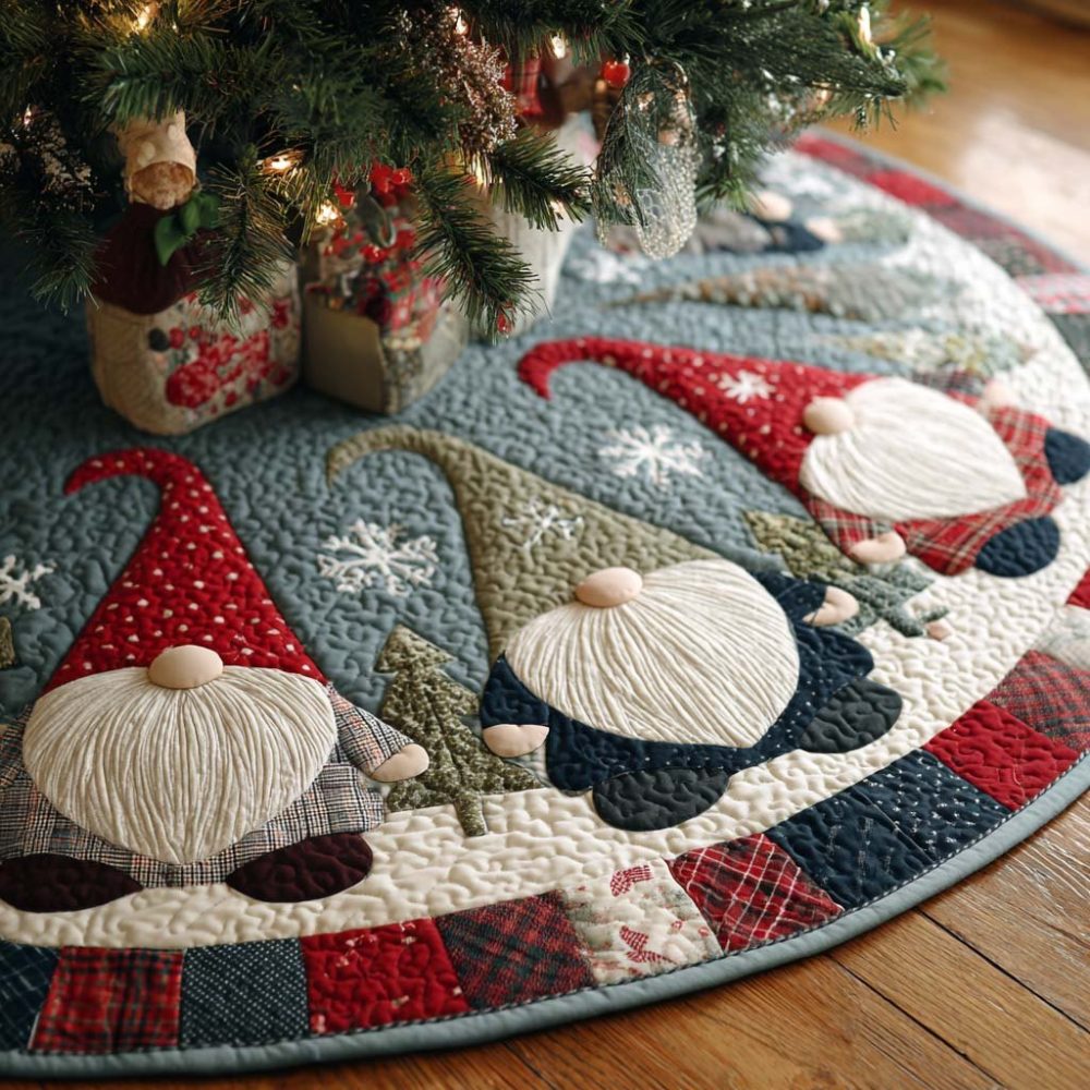 Festive Red-Hatted Gnome Tree Skirt — Pointed Hat Holiday Gnomes On Vibrant Fabric, Custom Size, Made-To-Order Seasonal Decor
