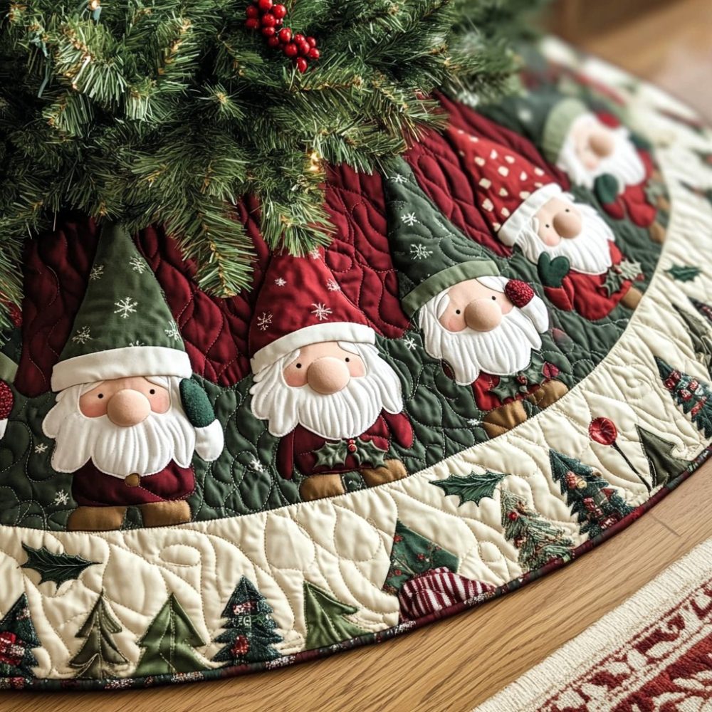 Festive Gnomes Holiday Tree Skirt — Handmade Christmas Decor With Whimsical Gnome Design, Custom Sizes & Premium Finish