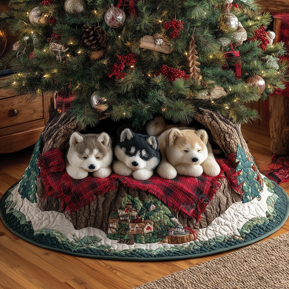 Cozy Husky Nights Holiday Tree Skirt — Custom Pet Lover Christmas Accent, Plush Fabric & Personalized Name Option