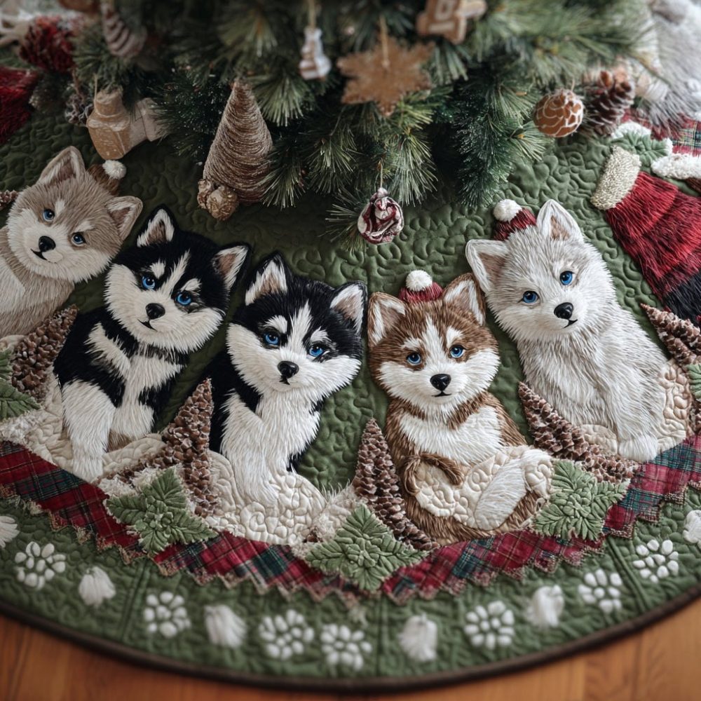 Plush Husky Wonderland Holiday Tree Skirt — Custom Christmas Decor For Husky Lovers, Personalized Sizes & Premium Fabric