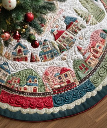 Lantern Village Christmas Tree Skirt — Handmade Cozy Lantern Village Holiday Collar, Plush, Machine-Washable, Charming Décor