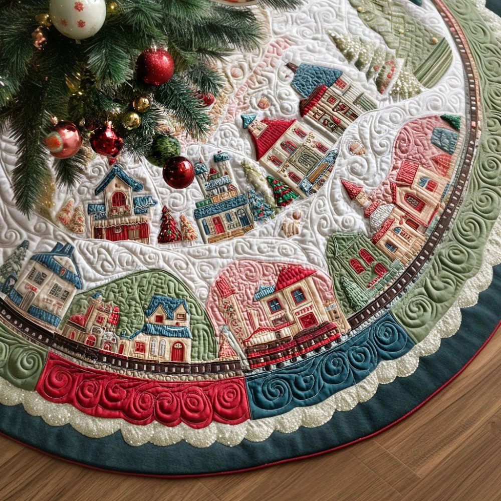 Lantern Village Christmas Tree Skirt — Handmade Cozy Lantern Village Holiday Collar, Plush, Machine-Washable, Charming Décor