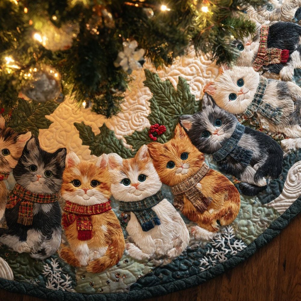 Cozy Winter Cats Tree Skirt — Scarf-Wearing Felines On Festive Fabric, Custom Holiday Decor, Made-To-Order, Perfect Cat Lover Gift