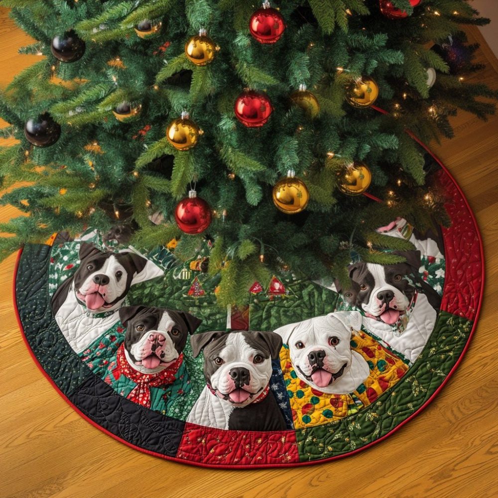 Custom Pitbull Companion Christmas Tree Skirt — Handmade Plush Dog-Themed Holiday Collar, Personalized, Durable, Gift For Pitbull Owners