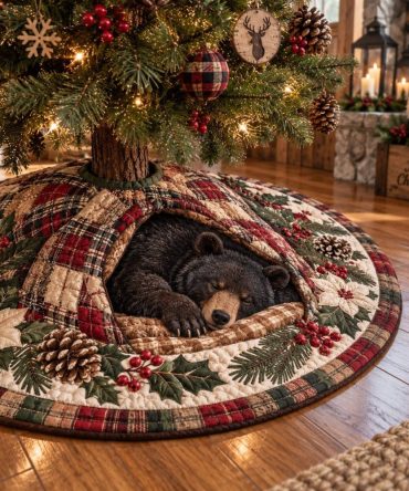 Cozy Plaid Bear Hideaway Tree Skirt — Handmade Plaid & Bear Christmas Tree Skirt, Customizable Cabin-Style Holiday Base