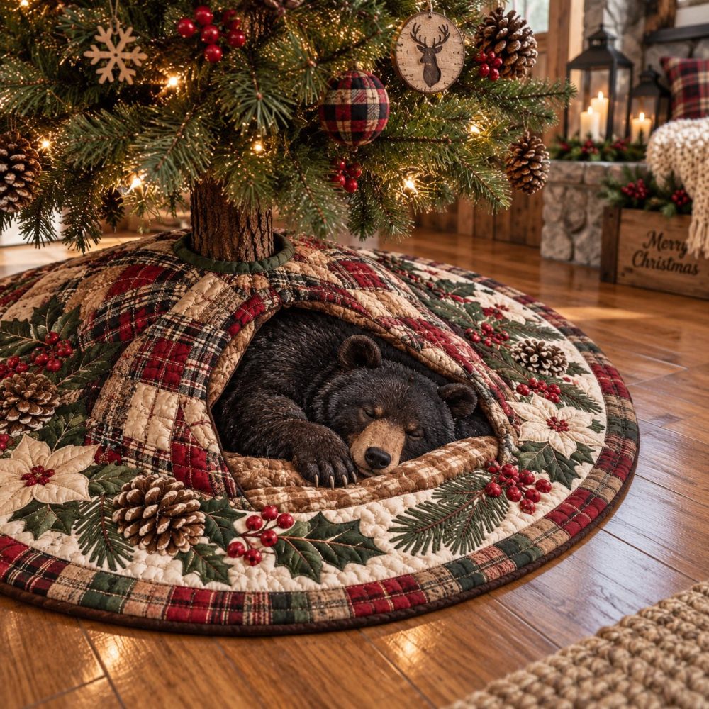 Cozy Plaid Bear Hideaway Tree Skirt — Handmade Plaid & Bear Christmas Tree Skirt, Customizable Cabin-Style Holiday Base