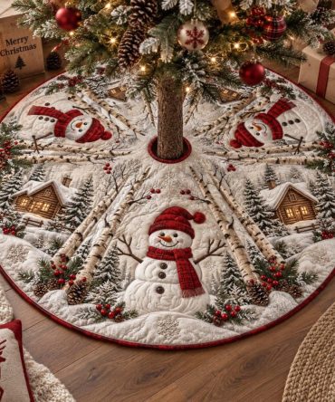 Cozy Snowman Cottage Tree Skirt — Handmade Snowman & Cottage Christmas Tree Skirt, Custom Size Options For Warm Holiday Decor