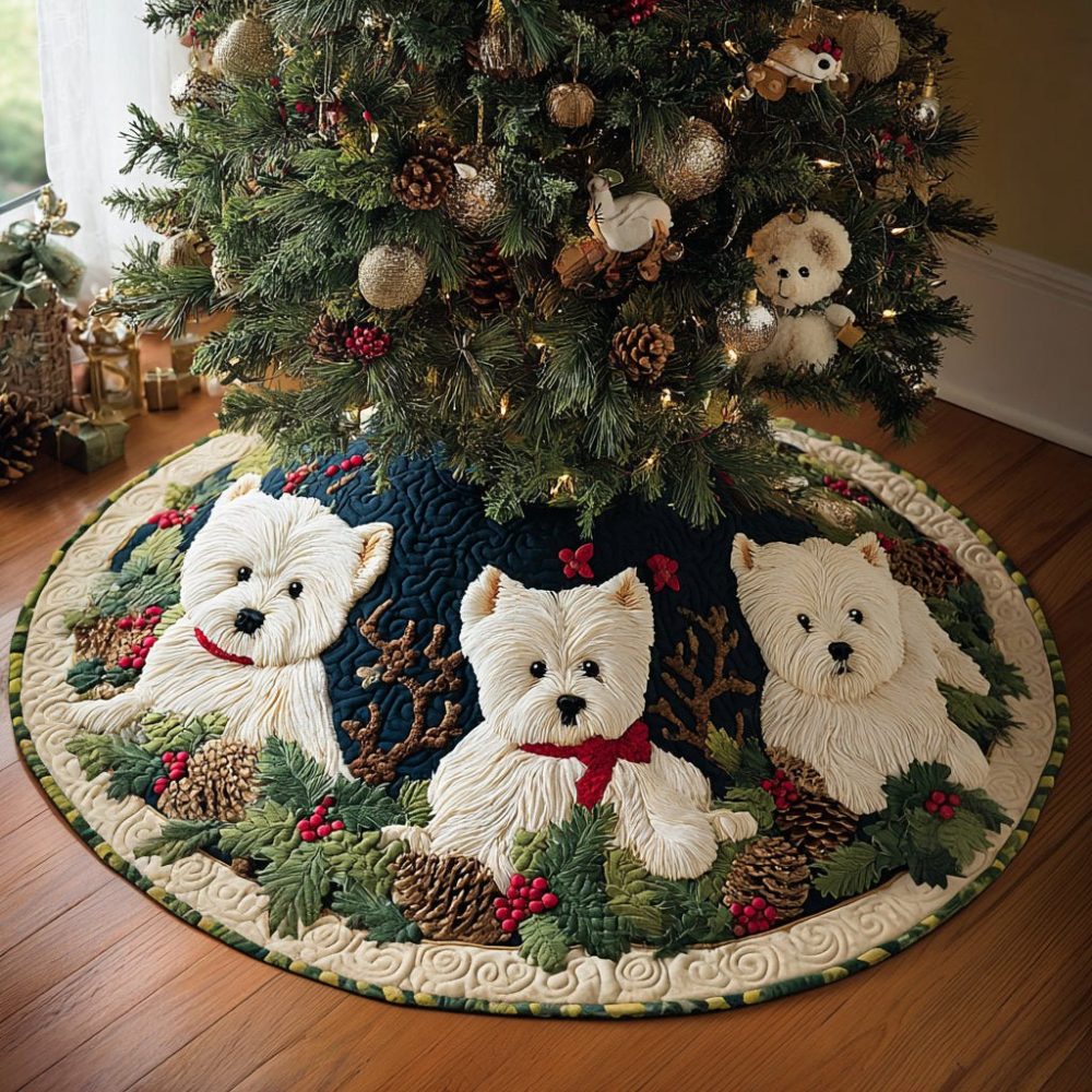 Cozy Westie Cabin Holiday Tree Skirt — West Highland Terrier Cabin-Themed Christmas Tree Skirt, Plush Handmade, Personalized & Made To Order