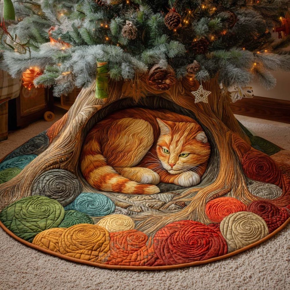Cozy Yarn Hideaway Holiday Tree Skirt — Custom Knitted Look Christmas Tree Skirt With Yarn Ball Motifs For Craft Lovers