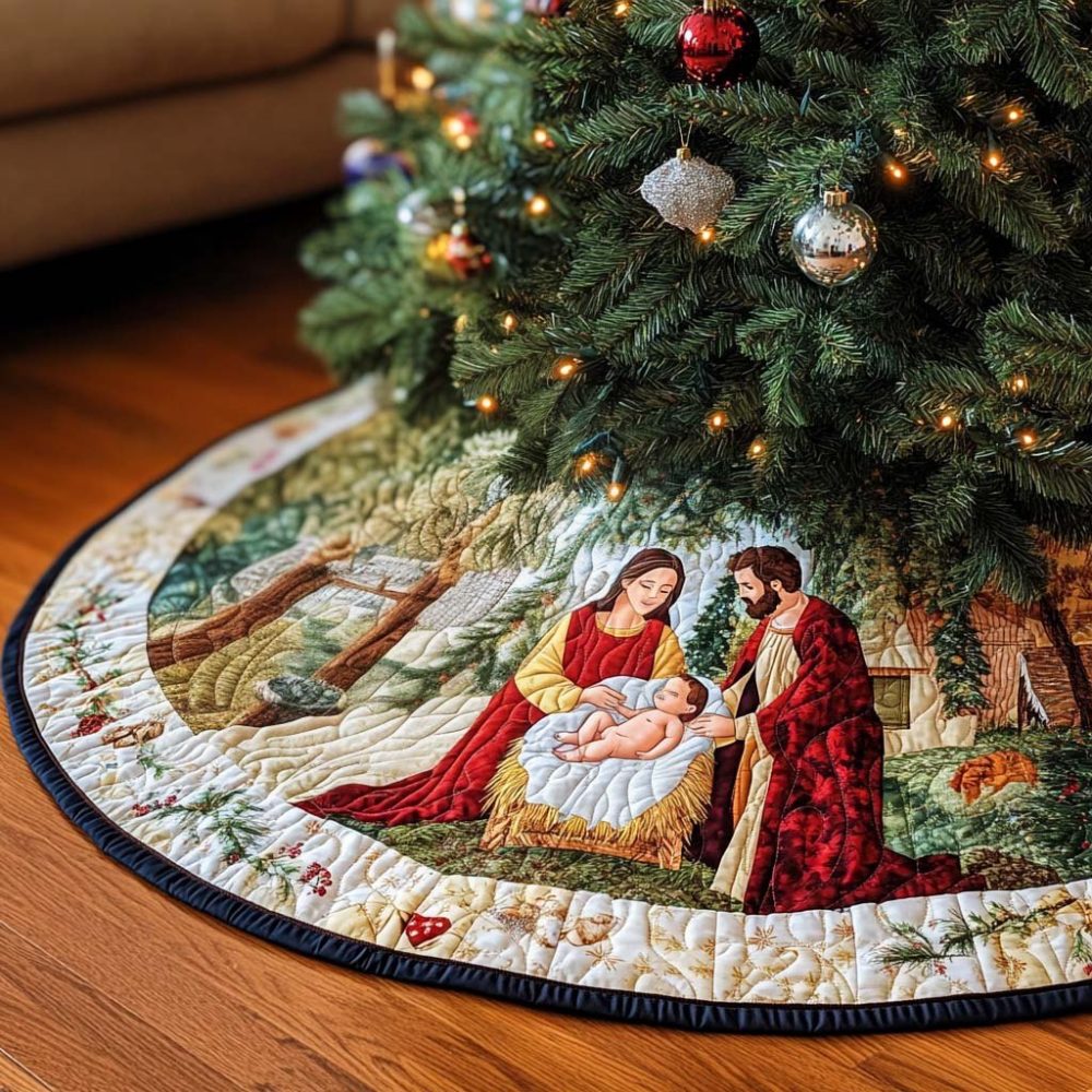 Cradle In The Glade Woodland Tree Skirt — Enchanted Forest Scene Christmas Tree Skirt, Handmade Nature-Inspired Holiday Décor, Custom Sizes