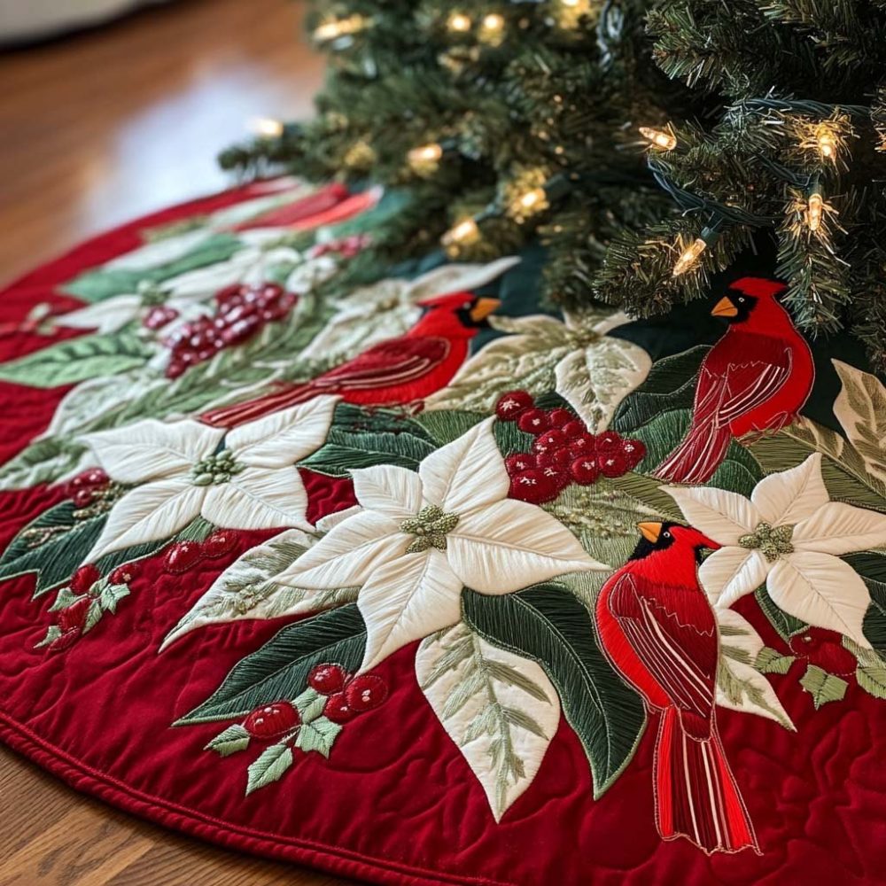 Crimson Carol Musical Tree Skirt — Carol-Themed Red Christmas Tree Skirt With Musical Accents, Handcrafted Holiday Décor, Custom Options