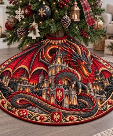 Crimson Dragon Fortress Holiday Tree Skirt — Bold Red Dragon Christmas Skirt, Premium Custom Fabric, Made To Order
