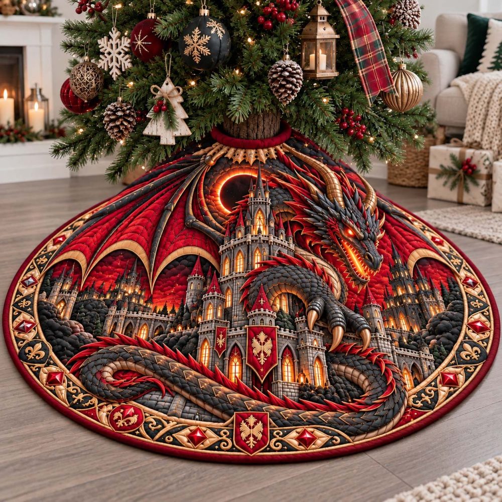 Crimson Dragon Fortress Holiday Tree Skirt — Bold Red Dragon Christmas Skirt, Premium Custom Fabric, Made To Order