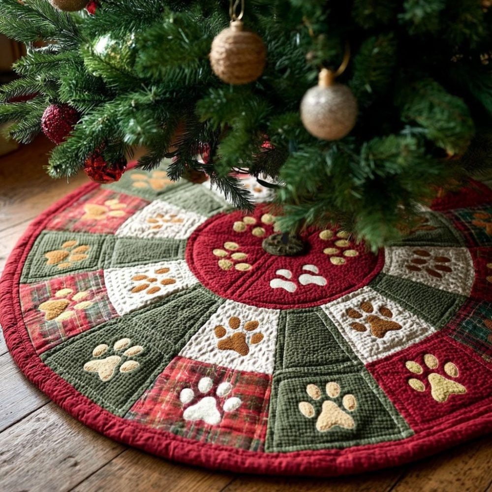 Crimson Paws Personalized Tree Skirt — Festive Red Dog Paw Christmas Tree Skirt For Pet Lovers, Plush Handmade & Custom Made To Order