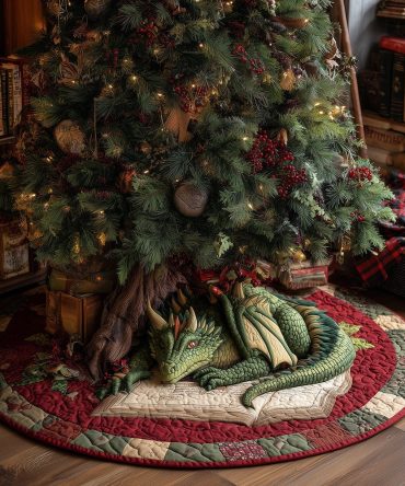 Crimson Pine Dragon Christmas Tree Skirt — Mythic Red Dragon & Pine Design, Handcrafted Holiday Tree Skirt, Custom Sizes & Personalization