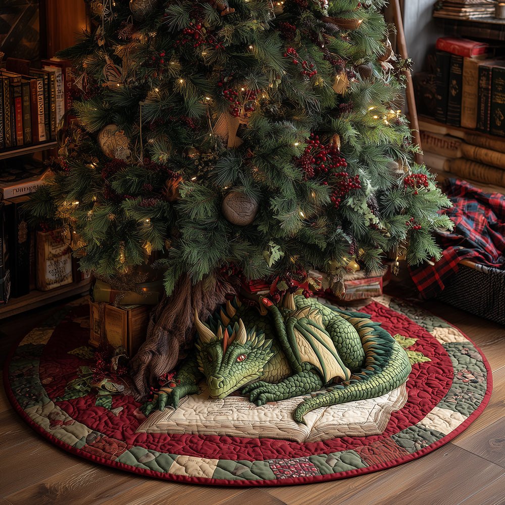 Crimson Pine Dragon Christmas Tree Skirt — Mythic Red Dragon & Pine Design, Handcrafted Holiday Tree Skirt, Custom Sizes & Personalization