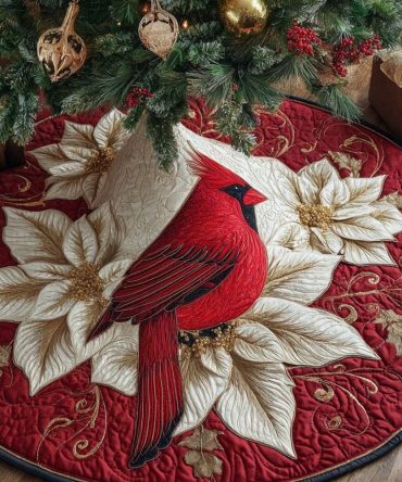 Crimson Poinsettia Grace Holiday Tree Skirt — Custom Red & Gold Christmas Tree Skirt With Elegant Floral Embroidery