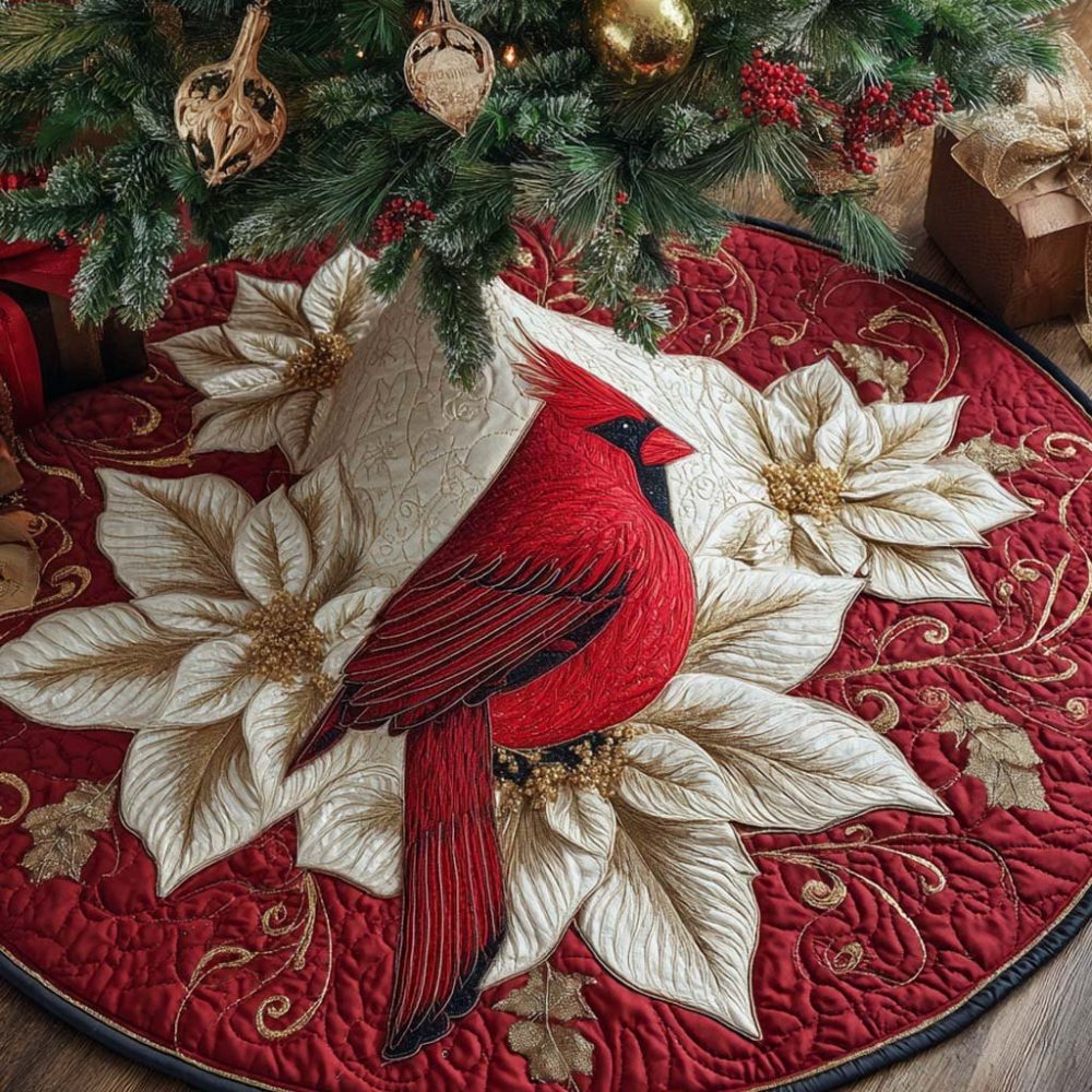 Crimson Poinsettia Grace Holiday Tree Skirt — Custom Red & Gold Christmas Tree Skirt With Elegant Floral Embroidery