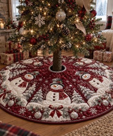 Crimson Snowman Circle Tree Skirt — Made-To-Order Festive Red Snowman Wreath Design With Soft Backing & Custom Options