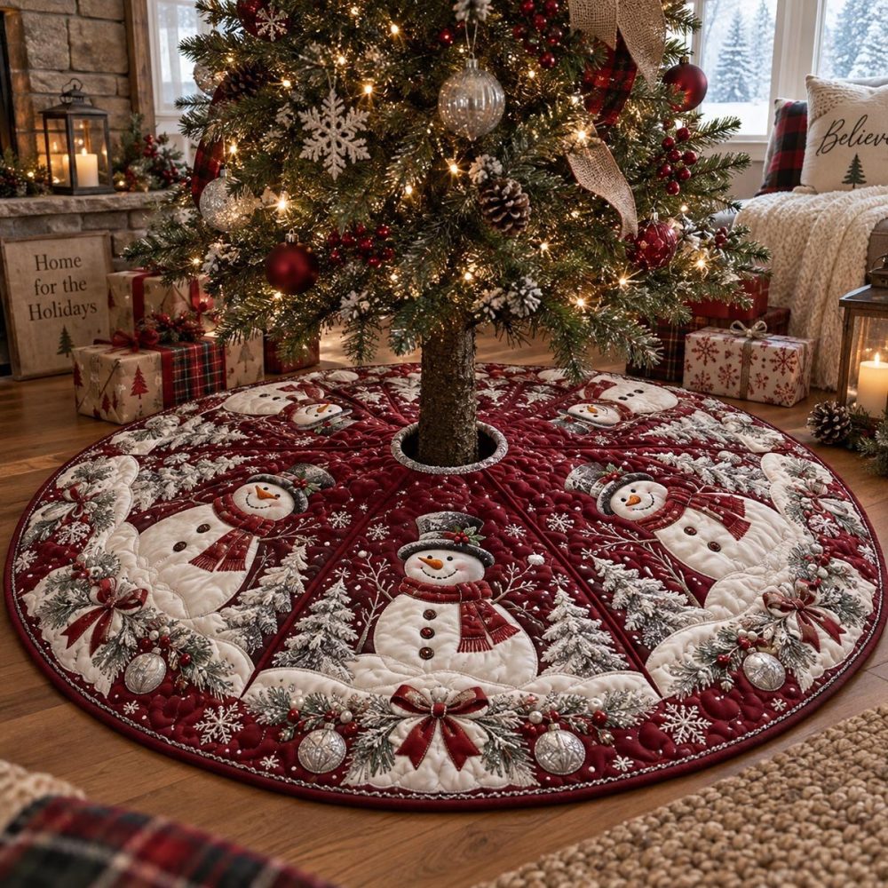 Crimson Snowman Circle Tree Skirt — Made-To-Order Festive Red Snowman Wreath Design With Soft Backing & Custom Options