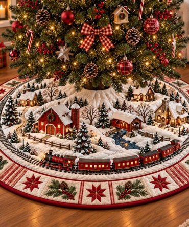 Crimson Village Holiday Tree Skirt — Vintage Village Scene In Deep Red, Handmade Cotton Or Velvet, Custom Monogram & Heirloom Quality
