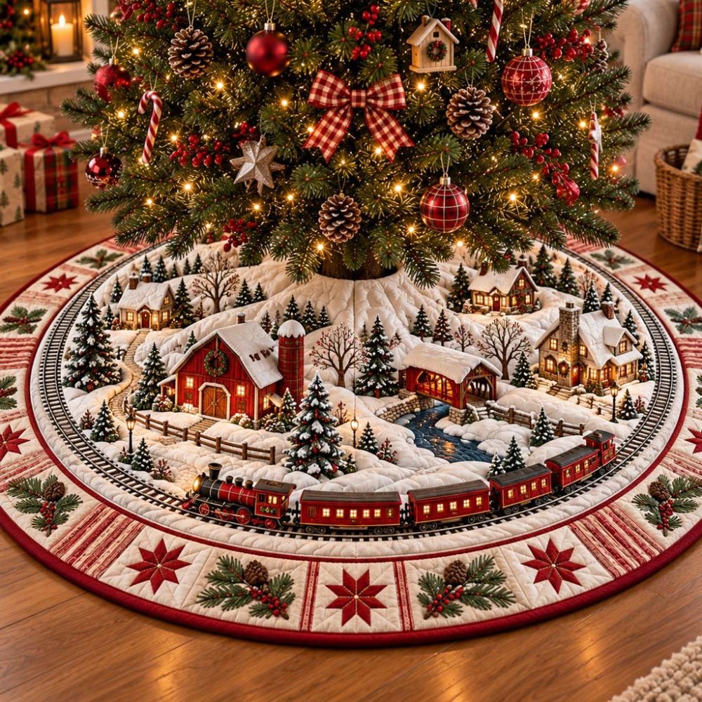 Crimson Village Holiday Tree Skirt — Vintage Village Scene In Deep Red, Handmade Cotton Or Velvet, Custom Monogram & Heirloom Quality